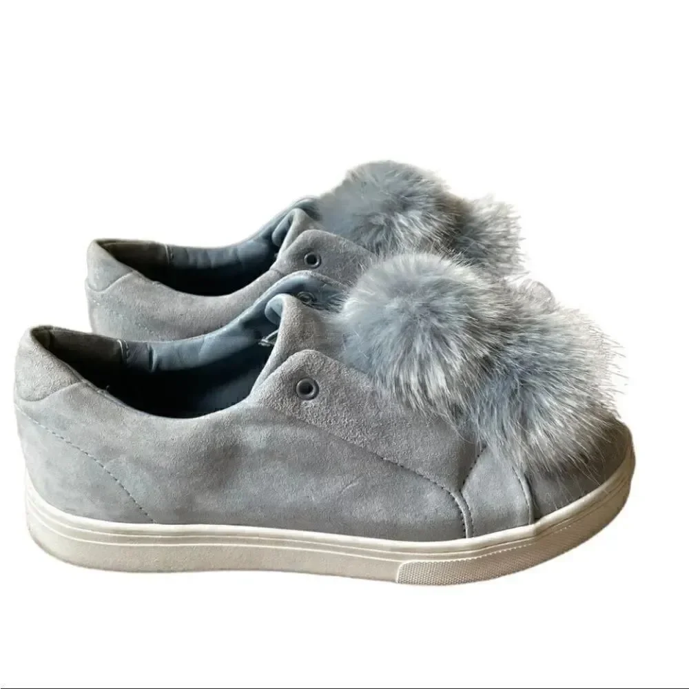 Steve Madden Bryanne Fluff Ball Platform Slip On Sneakers, Grey Multi Suede  9